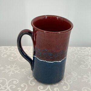 Handmade Ceramic Coffee Mug With Red & Blue Glaze 16 Oz Capacity Unique Signed D